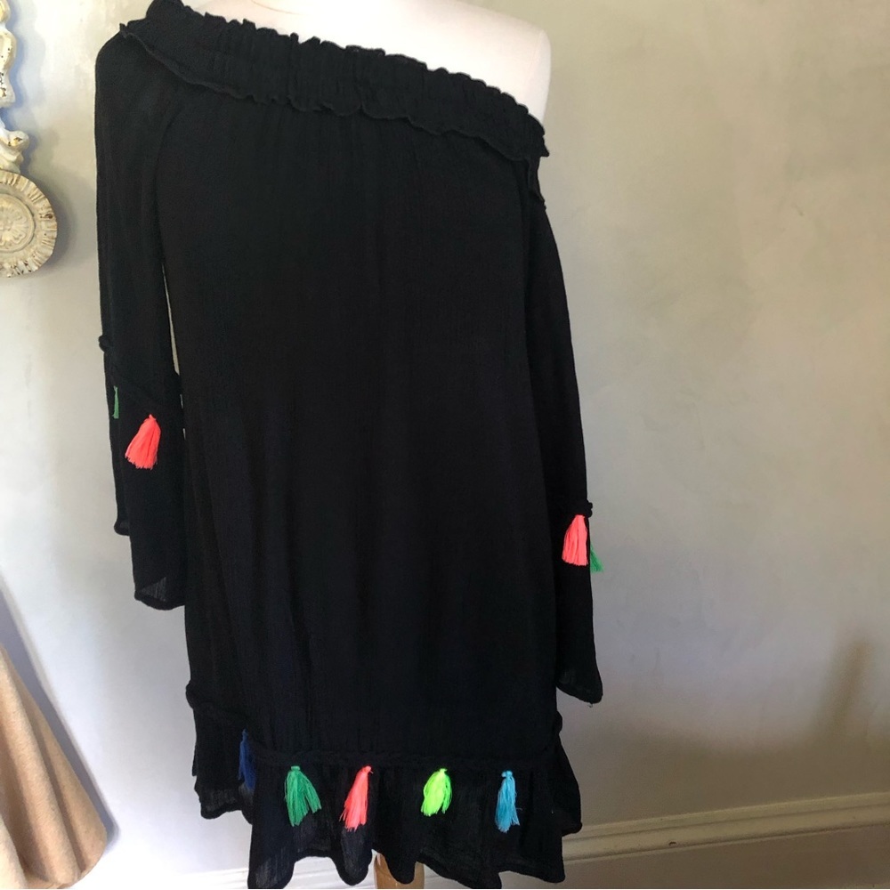 True Destiny beach, bohemian summer black off the shoulder tassel dress - Picture 3 of 16